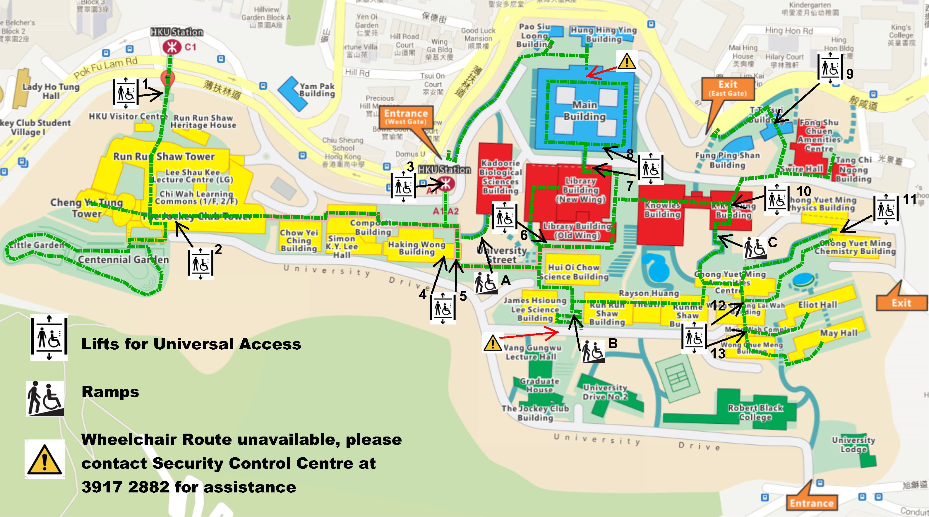 Map:Wheelchair Friendly Routes on HKU Main Estate