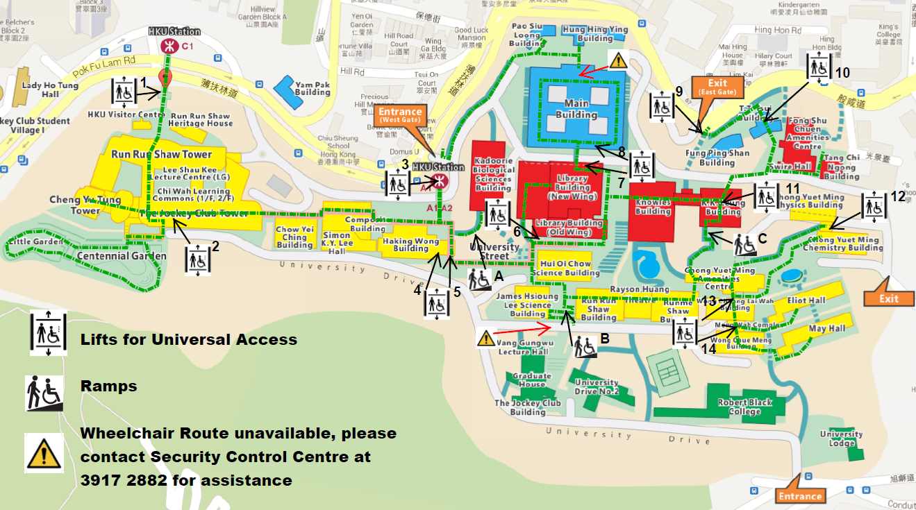 Map:Wheelchair Friendly Routes on HKU Main Estate